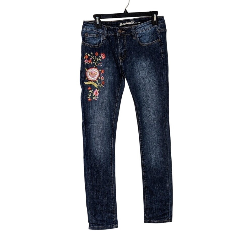 Machine Jeans Embroidered Floral  Detail‎ Dark Wash Denim Jr. Skinny Size 9 NWT